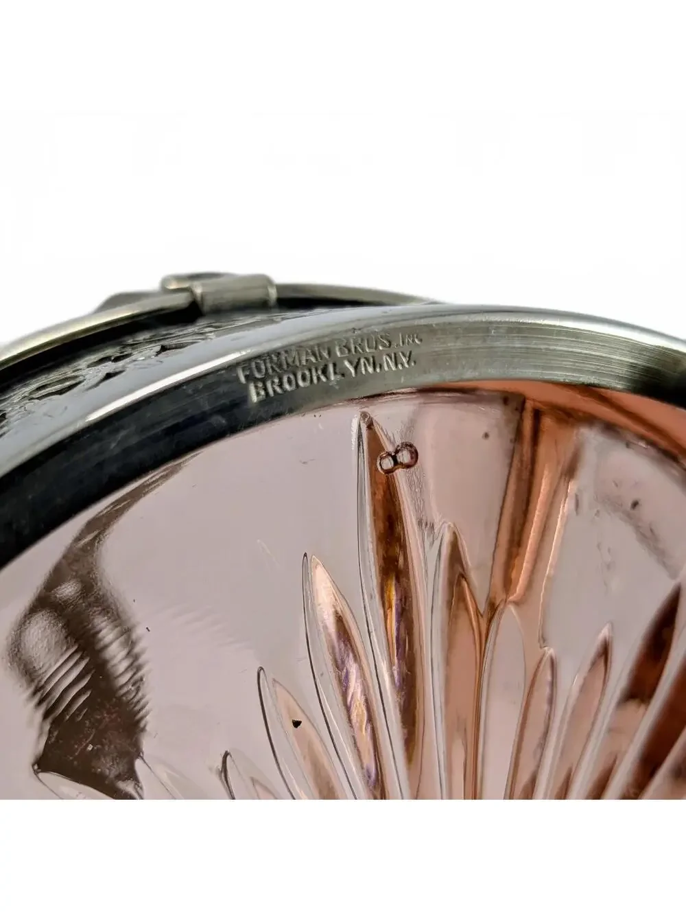 1930s Pink Depression Glass Relish Dish & Forman Bros Metal Basket